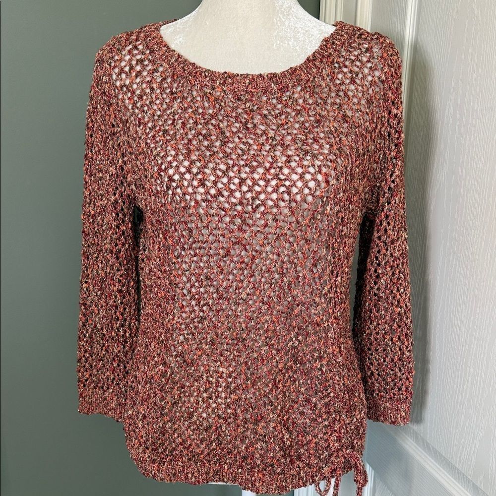 Ruby Rd. Red Multi Color Open Knit Top with Drawstring to cinch on one side